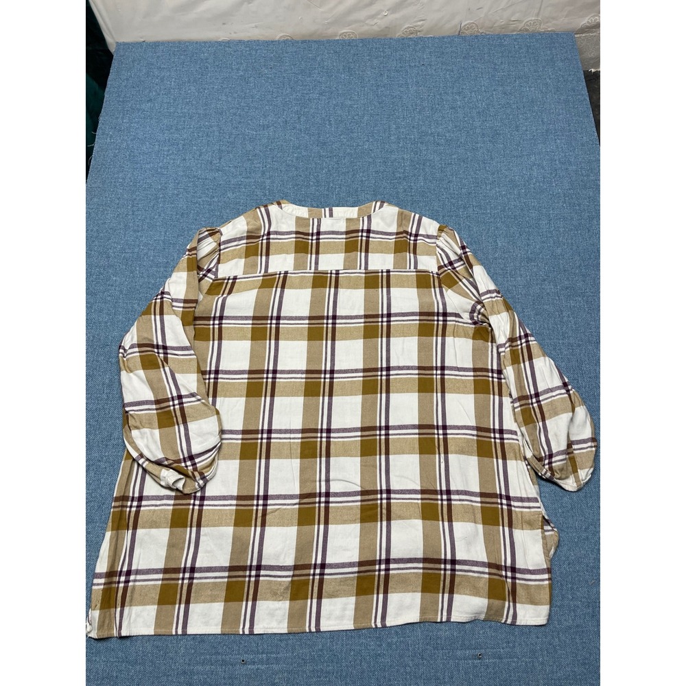 LA Threads Plaid V-Neck Roll Tab Sleeve Blouse Tan White Purple 2X Plus Size - Picture 3 of 6